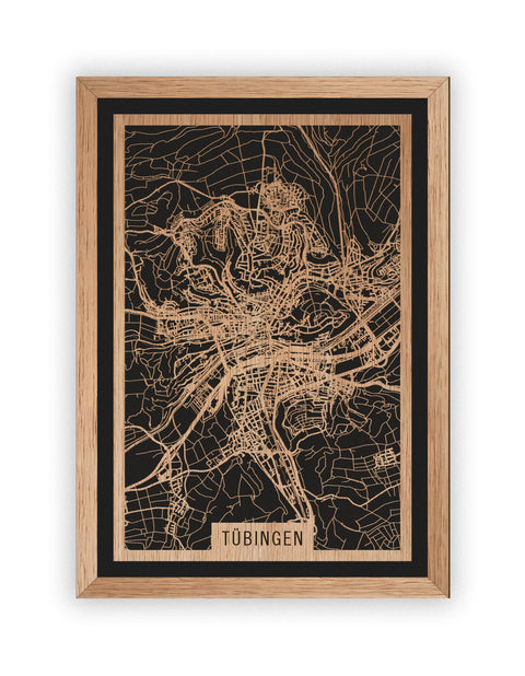 Stadtplan Tübingen aus Holz – Wandbild in Eiche mit Rahmen