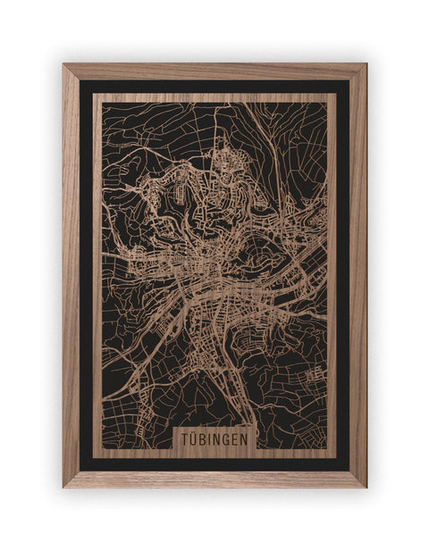 Stadtplan Tübingen aus Holz – Wandbild in Nussbaum mit Rahmen