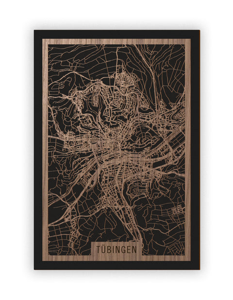 Stadtplan Tübingen aus Holz – Wandbild in Nussbaum ohne Rahmen