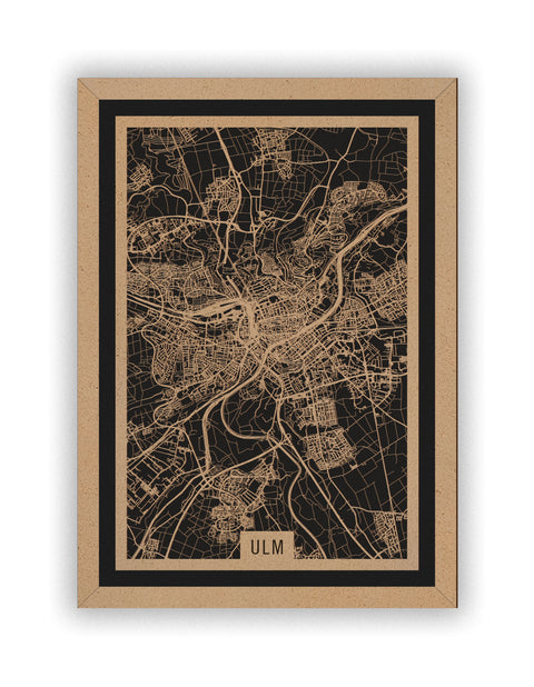 Stadtplan Ulm aus Holz – Wandbild in Natur mit Rahmen