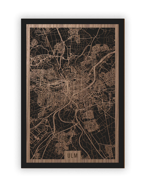 Stadtplan Ulm aus Holz – Wandbild in Nussbaum ohne Rahmen