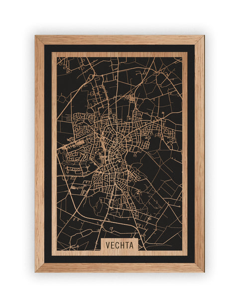 Stadtplan Vechta aus Holz – Wandbild in Eiche mit Rahmen