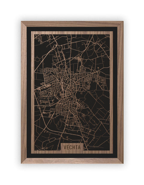 Stadtplan Vechta aus Holz – Wandbild in Nussbaum mit Rahmen