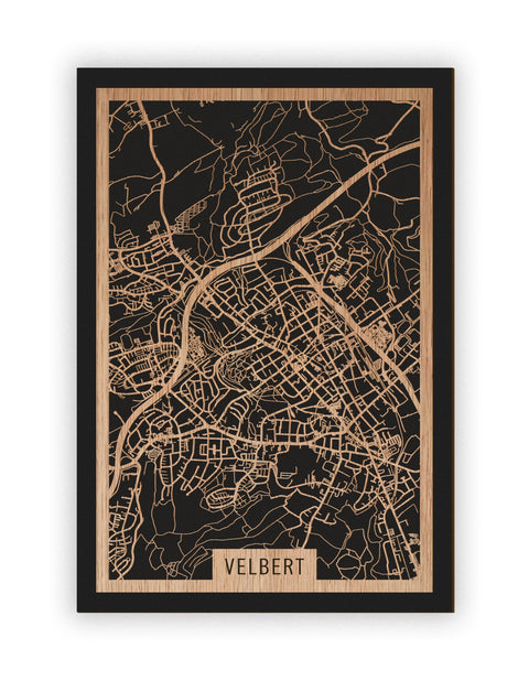 Stadtplan Velbert aus Holz – Wandbild in Eiche ohne Rahmen