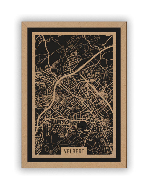 Stadtplan Velbert aus Holz – Wandbild in Natur mit Rahmen