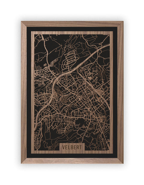 Stadtplan Velbert aus Holz – Wandbild in Nussbaum mit Rahmen