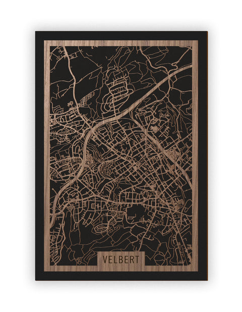 Stadtplan Velbert aus Holz – Wandbild in Nussbaum ohne Rahmen