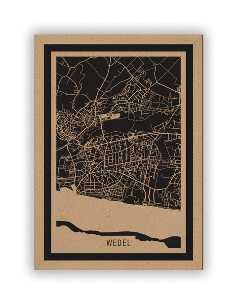 Stadtplan Wedel aus Holz – Wandbild in Natur mit Rahmen
