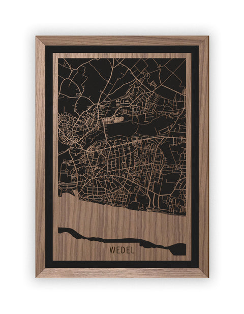 Stadtplan Wedel aus Holz – Wandbild in Nussbaum mit Rahmen