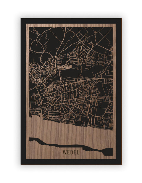 Stadtplan Wedel aus Holz – Wandbild in Nussbaum ohne Rahmen