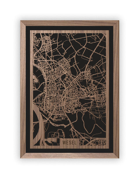 Stadtplan Wesel aus Holz – Wandbild in Nussbaum mit Rahmen