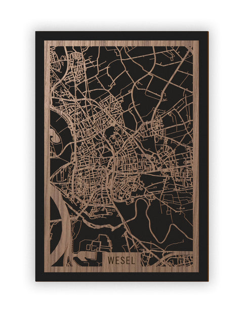 Stadtplan Wesel aus Holz – Wandbild in Nussbaum ohne Rahmen
