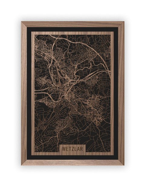 Stadtplan Wetzlar aus Holz – Wandbild in Nussbaum mit Rahmen