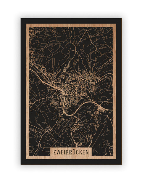 Stadtplan Zweibrücken aus Holz – Wandbild in Eiche ohne Rahmen