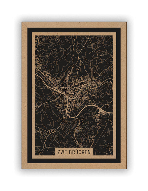 Stadtplan Zweibrücken aus Holz – Wandbild in Natur mit Rahmen