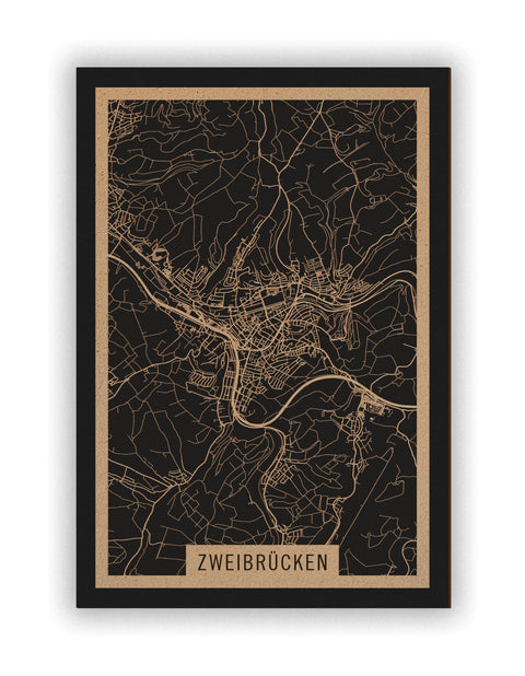 Stadtplan Zweibrücken aus Holz – Wandbild in Natur ohne Rahmen