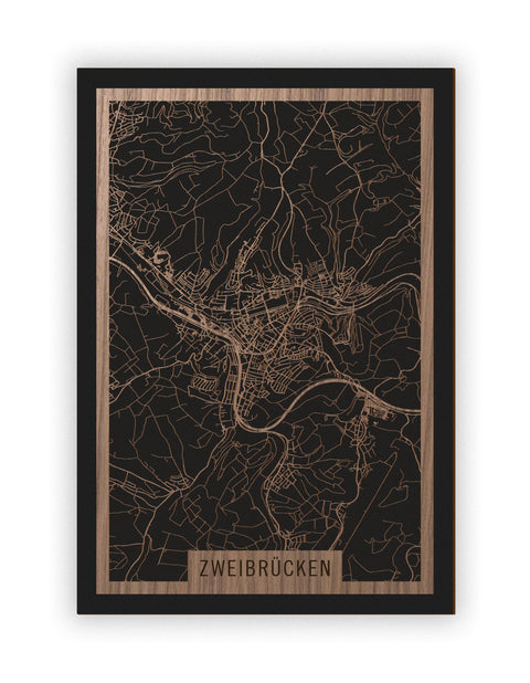 Stadtplan Zweibrücken aus Holz – Wandbild in Nussbaum ohne Rahmen